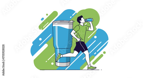 Hydration And Workout: A Runner Refuels Beside A Giant Water Bottle, Ready For The Run