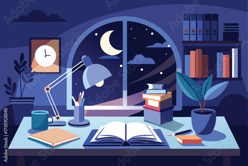 Night showcases books, clock, and a cozy study desk near the window