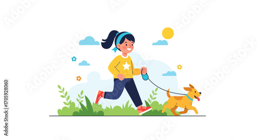 Joyful Run With Canine Companion In Sunny Landscape Depicting Outdoor Exercise