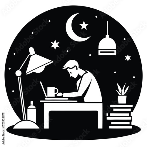 Young person works at night on a laptop surrounded by lunar stars
