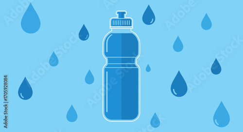 Hydration Essentials: Illustrated Water Bottle Amidst Refreshing Raindrop Imagery