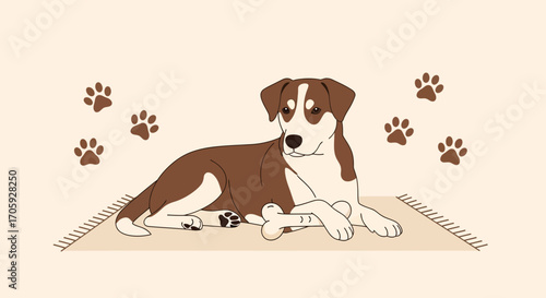 Illustrated Dog Resting Upon A Rug With Paw Prints And A Bone, Looking Relaxed