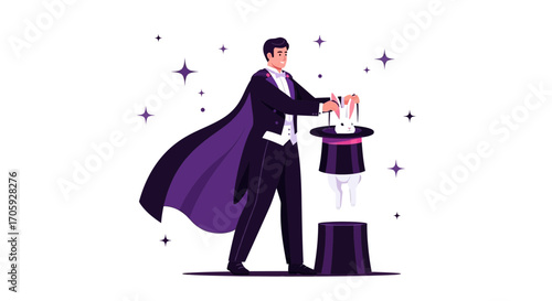 Illustrated Magician Performing Magic Tricks With A Rabbit And A Magical Hat