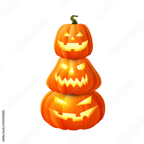Three stacked Halloween pumpkins with carved faces glowing in the dark, festive atmosphere