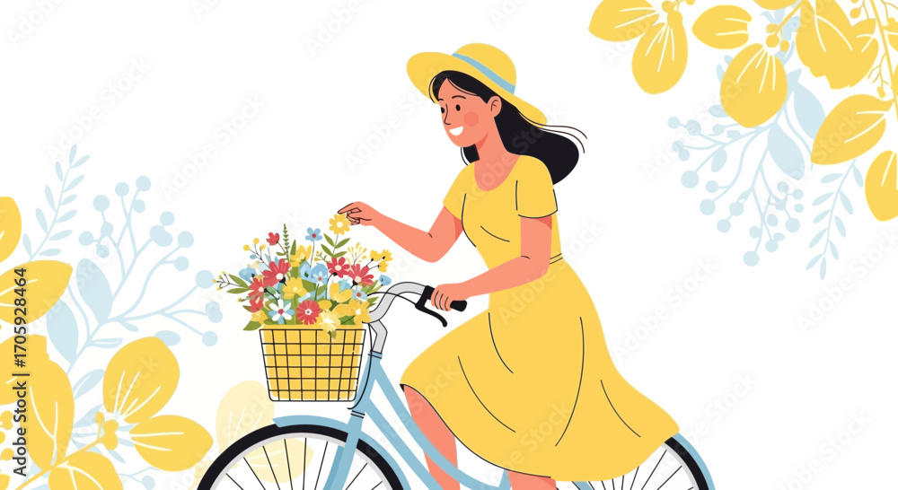 Naklejka premium Joyful Woman Cycling With Flowers, Blossoming Nature, Springtime Happiness and Summer Breeze