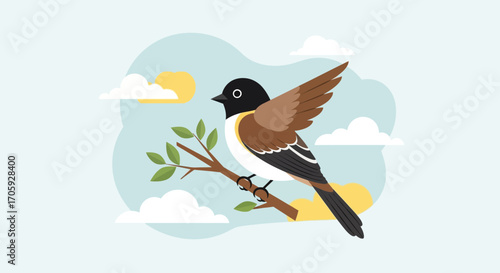 Illustrated Ornithological Display Featuring Avian Perched Upon Branch with Floral Surroundings