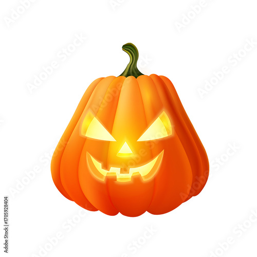 Brightly lit Halloween pumpkin with a spooky face, set against a transparent background
