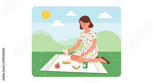 Joyful Woman At Picnic, Enjoying Sandwich And Fresh Air, Surrounded By Nature's Beauty