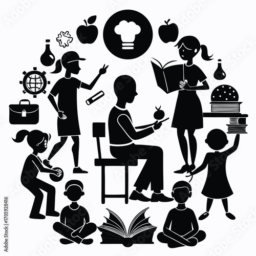 Black silhouette showing diverse individuals participating in learning, teaching, and culinary activities, creating a dynamic scene