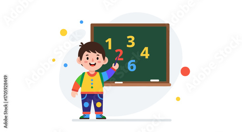 Illustration of a Cheerful Boy Teaching Numbers on a Chalkboard in a Classroom Setting.