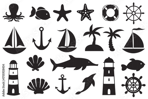 Set of sea and beach icons in black color