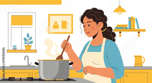 Joyful Woman Cooking in the Kitchen, Preparing Delicious Food with Wooden Spoon
