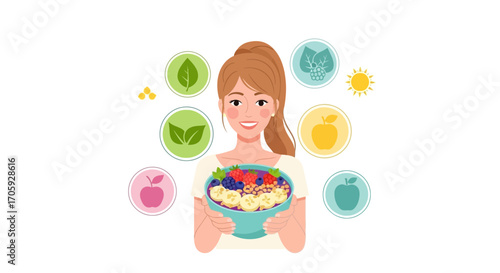 Joyful Woman Embracing Health, Holding a Plate Filled With Nutritious and Colorful Food