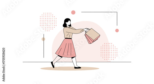 Joyful Woman Engaged In Shopping, Carrying Bags, Showing Consumerism, And Lifestyle