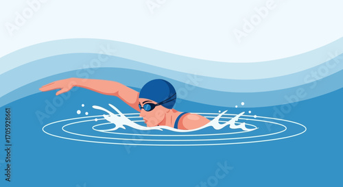 Illustration of A Professional Swimmer Practicing The Freestyle Stroke In The Swimming Pool.
