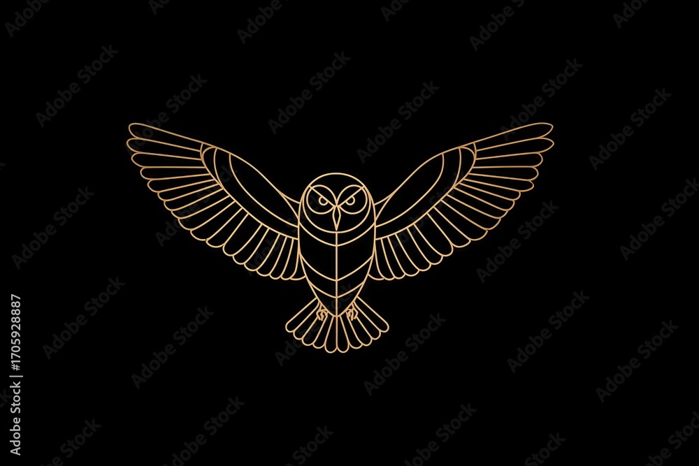 Fototapeta premium Golden Owl Line Art with Spread Wings