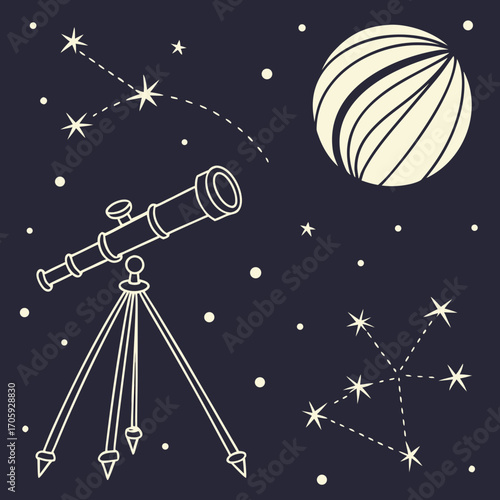A vintage style illustration of a telescope pointed towards the night sky with stars and a large planet