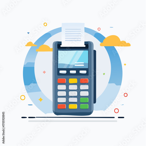 Modern Wireless Payment Terminal with Receipt Against Blue and Orange Background