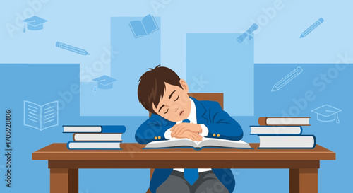 Illustration Of A Young Student Exhausted And Sleeping At His Desk After Reading