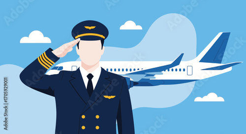 Illustrative Aviation Scene Shows Pilot Greeting Airplane Ready For Takeoff in Blue Skies