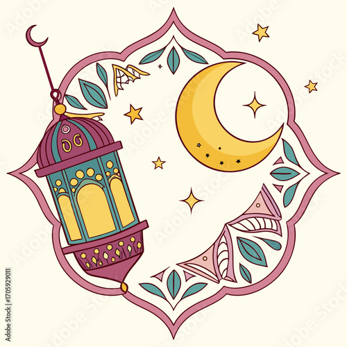 Decorative islamic crescent moon and ornate lantern with stars and floral motifs on a cream background