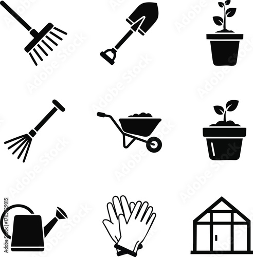 Vector illustration of various gardening tools, including a rake, shovel, potted plant, wheelbarrow, watering can, gardening gloves, and a greenhouse
