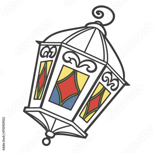 Decorative moroccan style lantern with colorful stained glass panels and ornate metalwork on a white background