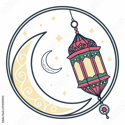 Decorative ramadan lantern and crescent moon with stars inside a circular frame