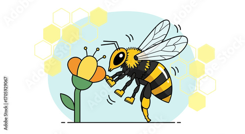 Illustrative Bee Interacting With Flower Against Honeycomb Design On Light Blue Background