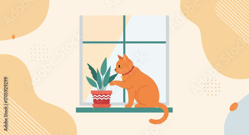 Illustrative Cat Interacting With Potted Houseplant on Windowsill With Stylish Background