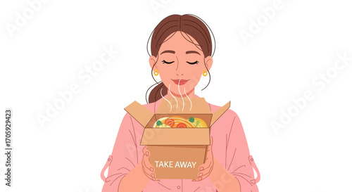 Joyful Woman Smelling Aroma From Takeaway Food Box With Delicate Artwork Illustration Style