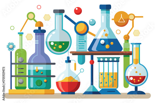 Cartoon glassware with colorful liquids arranged, showcasing chemistry concepts and complex lab processes for science education