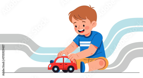 Joyful Young Boy Engaging In Play With Red Toy Car On Decorative Background