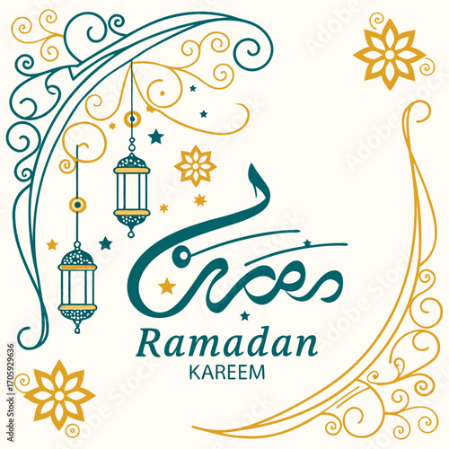 Elegant islamic ramadan kareem greeting card with arabic calligraphy lanterns stars and floral ornaments in teal and gold