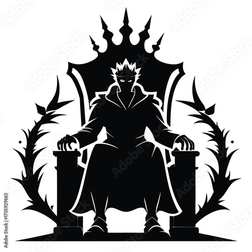 Silhouette of a dark king character sitting on a throne surrounded by thorny plants