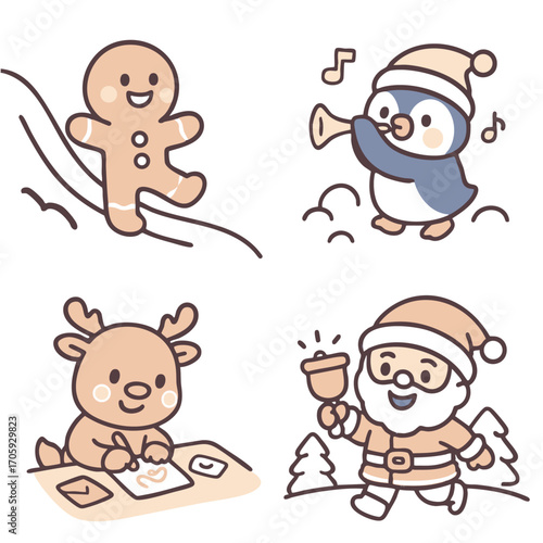 Gingerbread man sliding, penguin playing trumpet, reindeer drawing, Santa ringing bell, cheerful