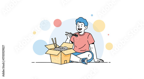 Joyful Young Man Enjoying Noodles in Colorful Illustration with Box and Chopsticks Graphics
