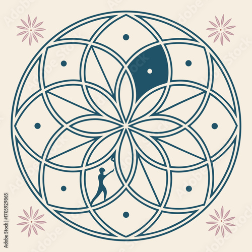 Geometric flower of life pattern with a silhouette of a person reaching towards a dark blue segment