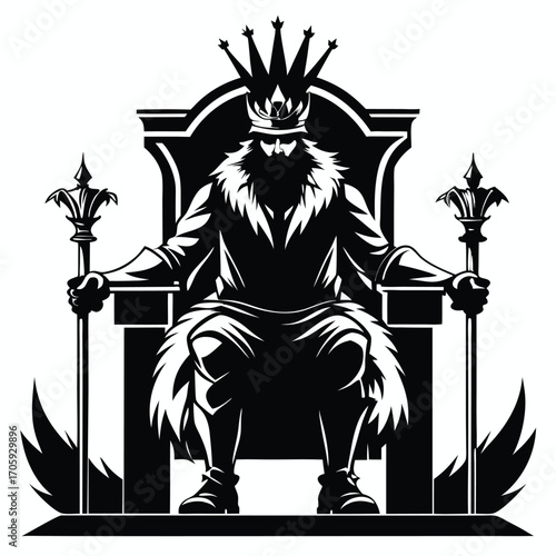 Crowned king powerfully sits on ornate throne holding scepters in this striking monochrome black and white sketch