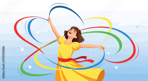 Joyful Young Person Dancing with Rainbow Colored Ribbons and Sparkling Stars