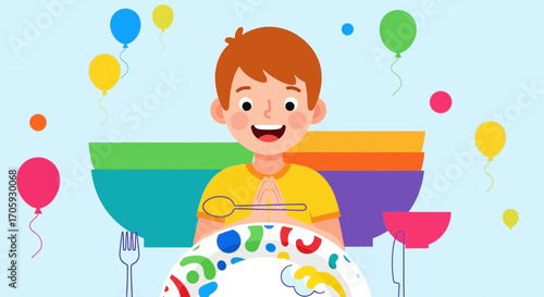Joyful Young Person Ready To Dine With A Vibrant Array Of Colorful Elements