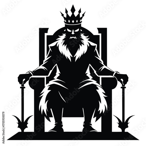 Silhouette portrays the imposing king with beard and crown on his throne with scepters