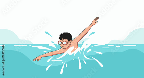 Joyful Young Person Swimming in Water, Creating Water Effects With Great Movement