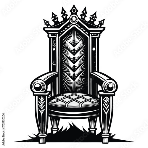 Detailed royal throne with elaborate crown and gothic design stands tall in black and white
