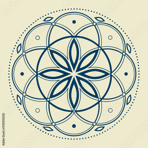 Intricate blue seed of life geometric pattern with dots and circles on a cream background