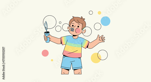 Joyful Youngster Blowing Bubbles, A Colorful Illustration Showing Happiness and Playfulness