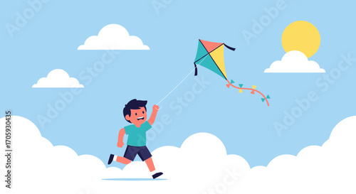 Joyful Youngster Running With A Kite In A Sunny Blue Sky Celebration