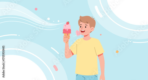 Joyful Youngster Reveling In The Refreshing Delight Of A Strawberry Ice Cream Cone.