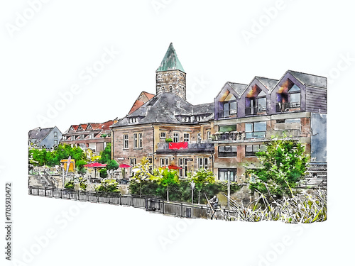 Watercolor Illustration European Cityscape with Tower and Buildings Architecture