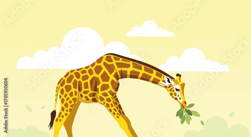 Illustrative Depiction Of A Giraffe Enjoying Leafy Greens Under A Sunny Sky